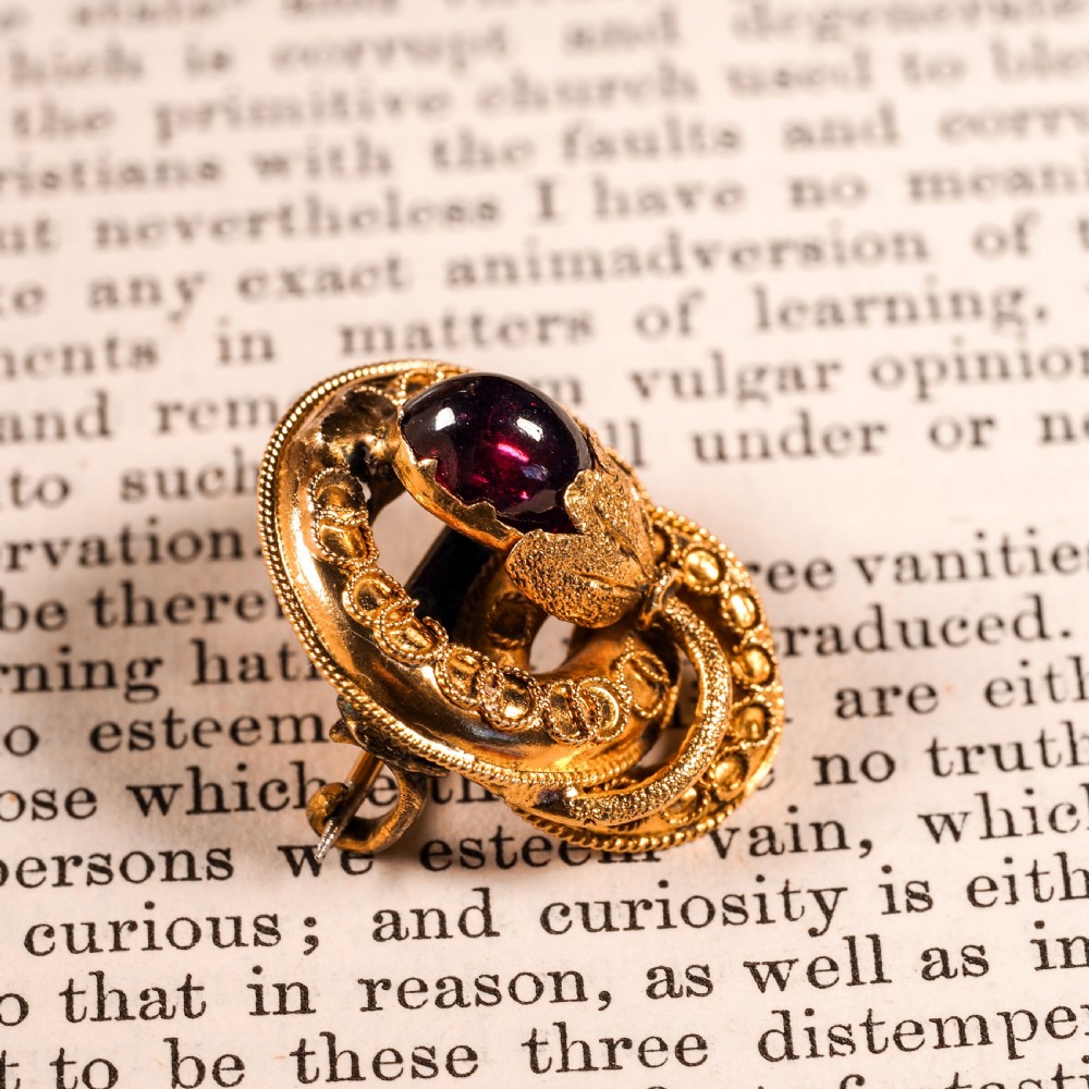 Antique Victorian 18ct Gold Garnet Cabochon Flower Bud Brooch - c.1880 View XVI