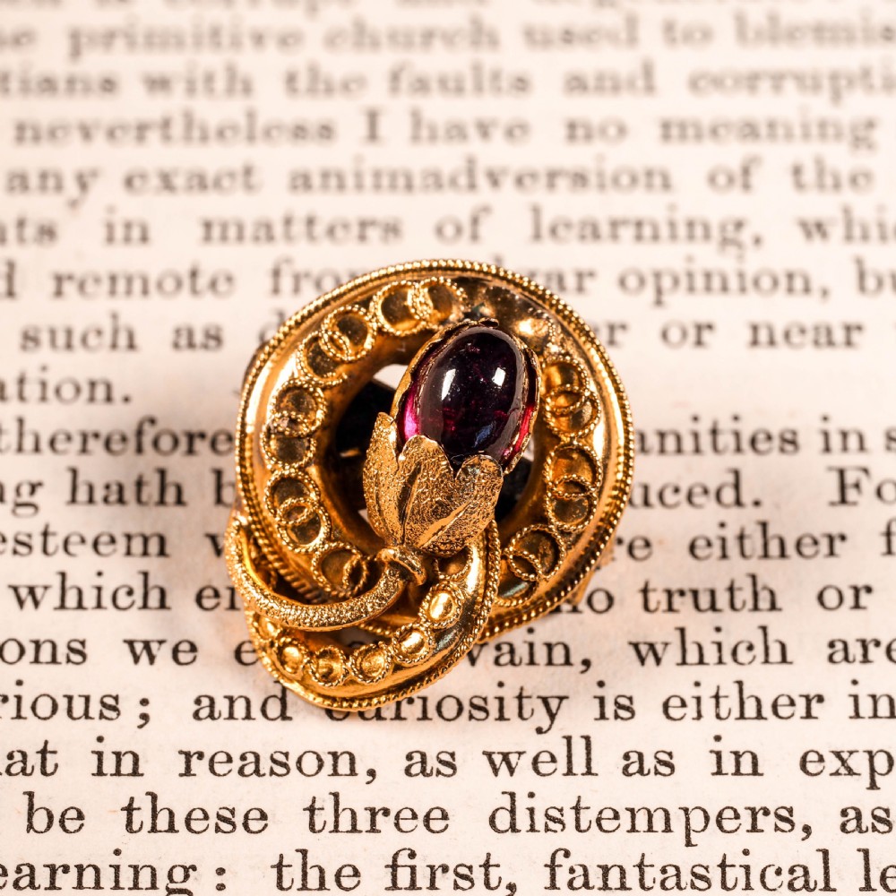 Antique Victorian 18ct Gold Garnet Cabochon Flower Bud Brooch - c.1880 View XVII