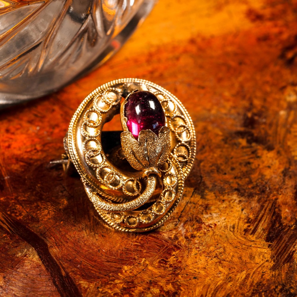 Antique Victorian 18ct Gold Garnet Cabochon Flower Bud Brooch - c.1880 View XX