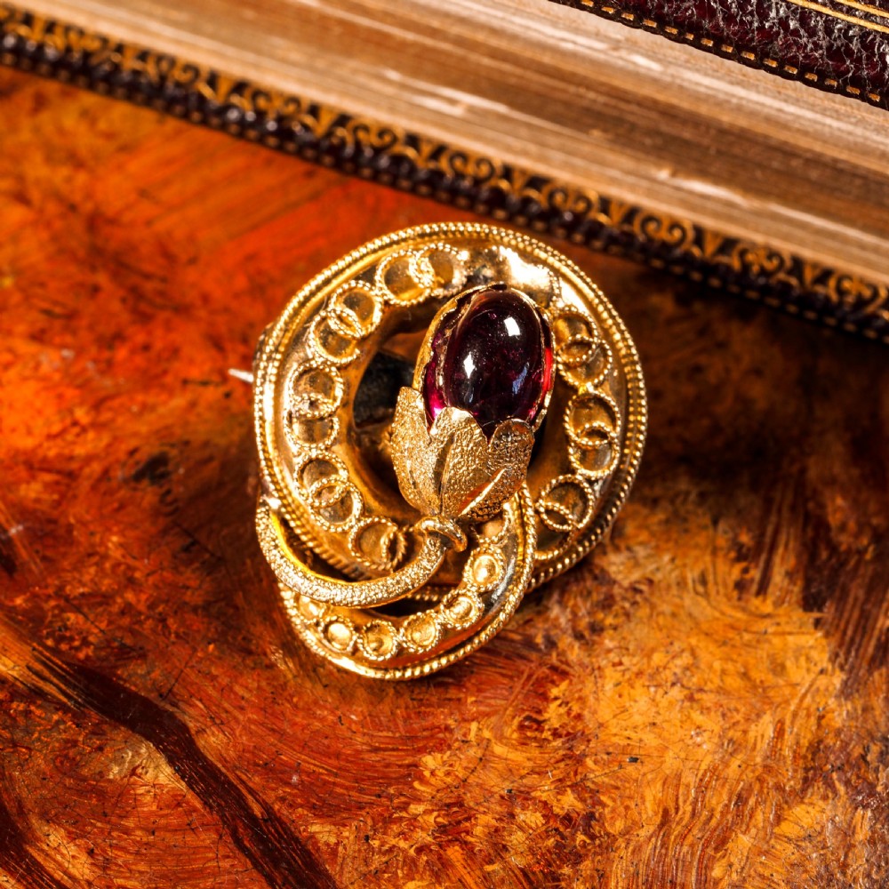 Antique Victorian 18ct Gold Garnet Cabochon Flower Bud Brooch - c.1880 View XXI