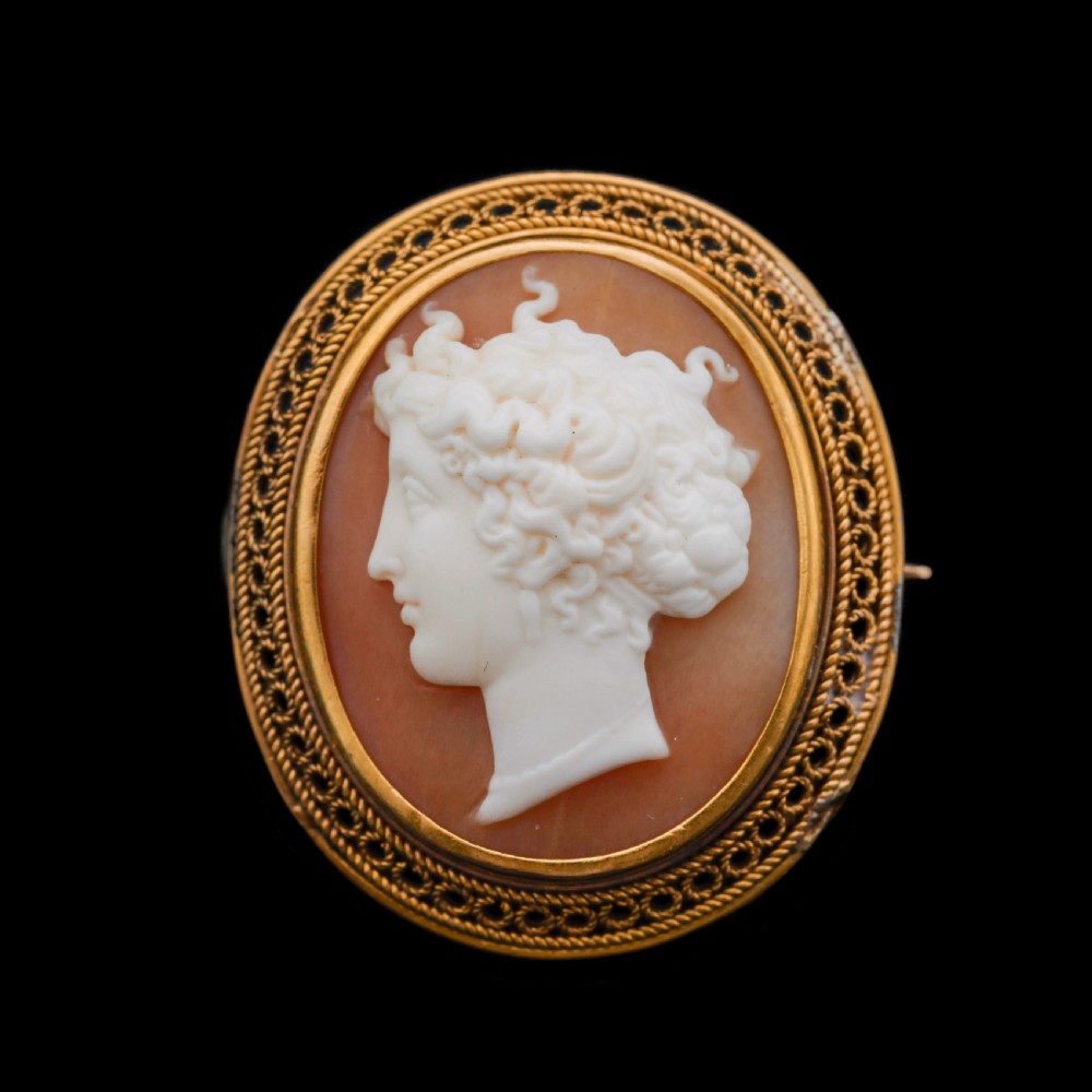 Antique Victorian 15ct Gold Carved Shell Cameo with Figural Lady Head - c.1890 View V