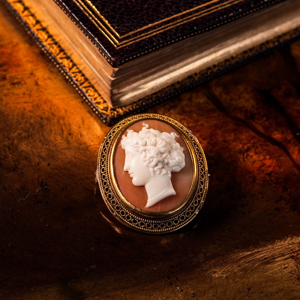 Antique Victorian 15ct Gold Carved Shell Cameo with Figural Lady Head - c.1890 View XIX