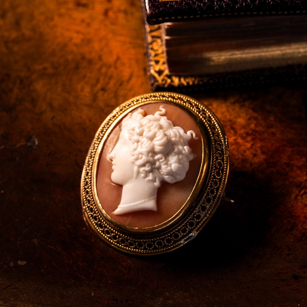 Antique Victorian 15ct Gold Carved Shell Cameo with Figural Lady Head - c.1890 View XX