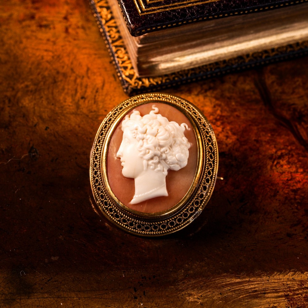 Antique Victorian 15ct Gold Carved Shell Cameo with Figural Lady Head - c.1890 View XXI