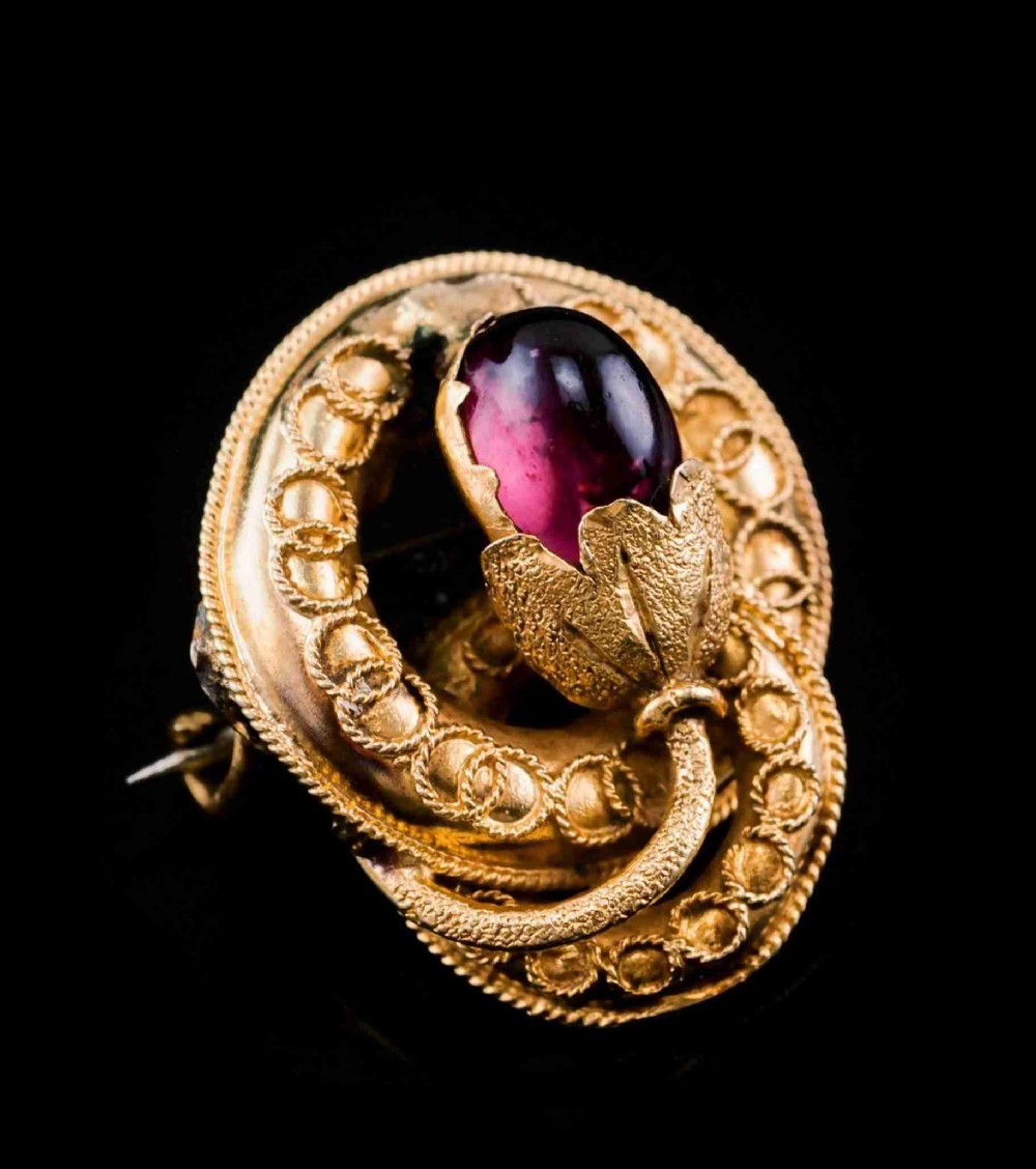 Antique Victorian 18ct Gold Garnet Cabochon Flower Bud Brooch - c.1880