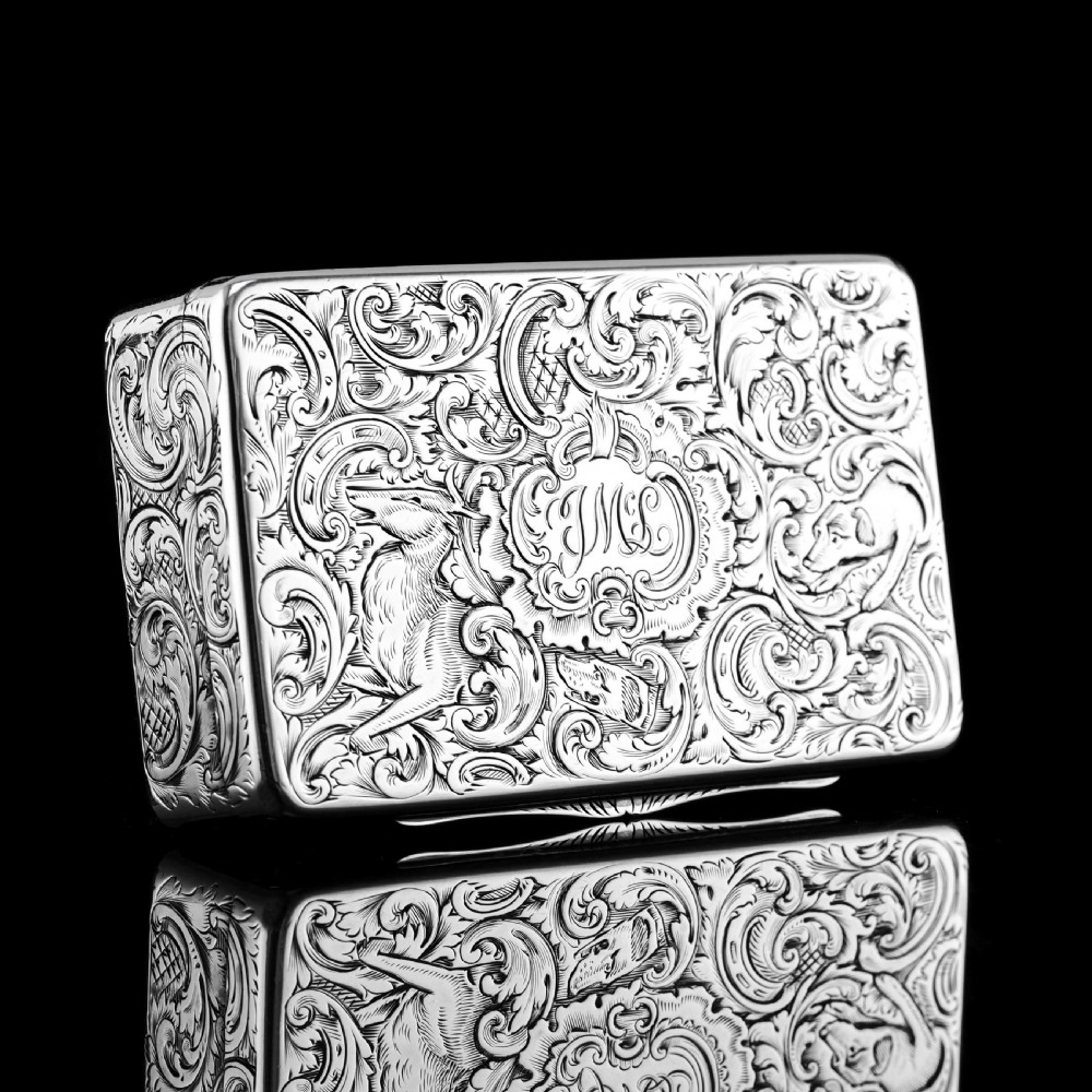 Antique Solid Silver Snuff Box with Marvellous Hunting Forest Scene Engraving - Charles Rawlings & William Summers 1837 View II