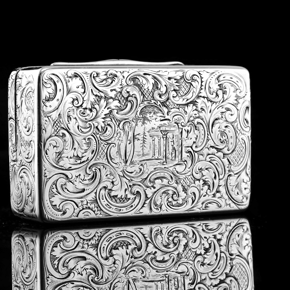 Antique Solid Silver Snuff Box with Marvellous Hunting Forest Scene Engraving - Charles Rawlings & William Summers 1837 View V