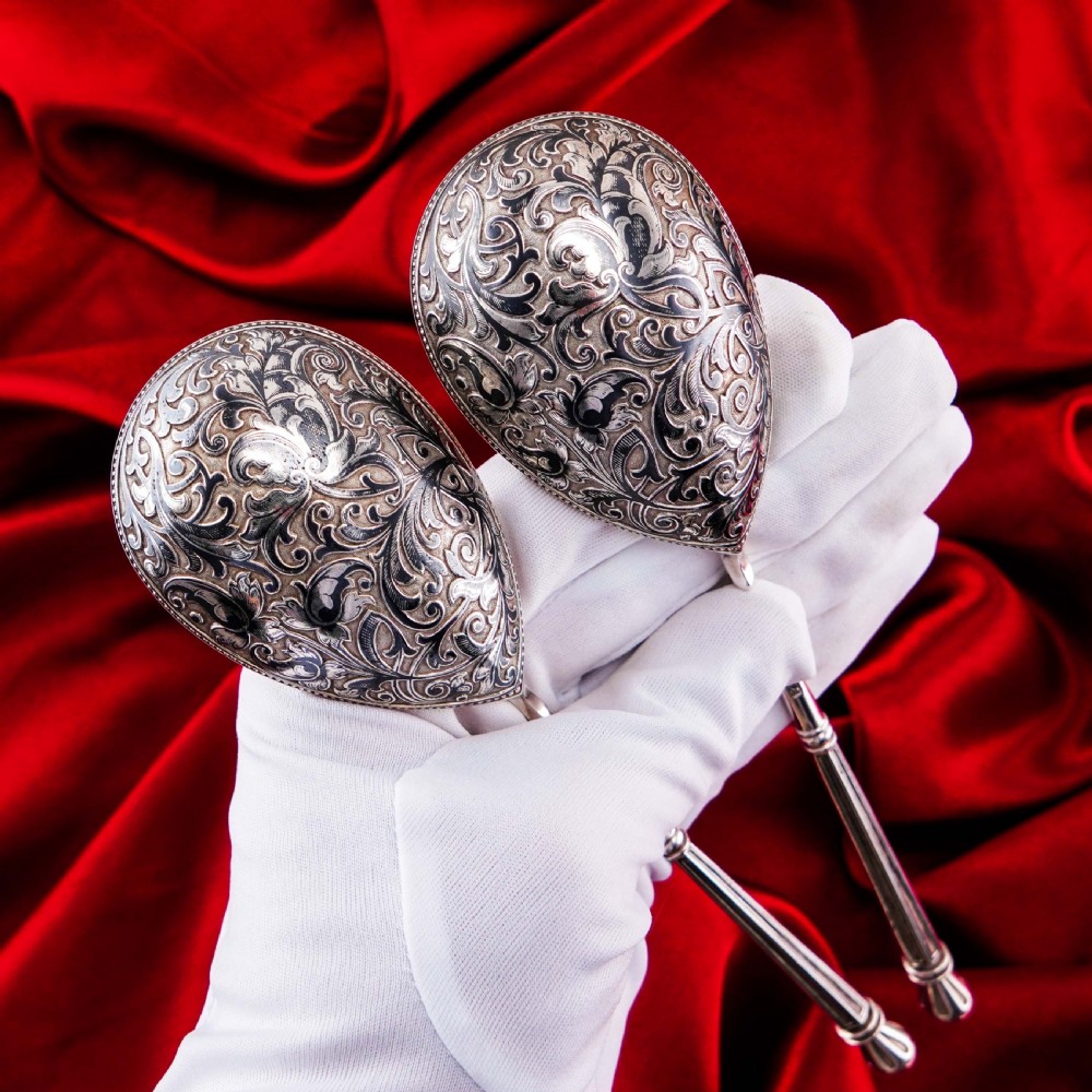Magnificent Large Antique Pair of Imperial Russian Solid Silver Niello Spoons - Volkov Karp Nikit c.1910