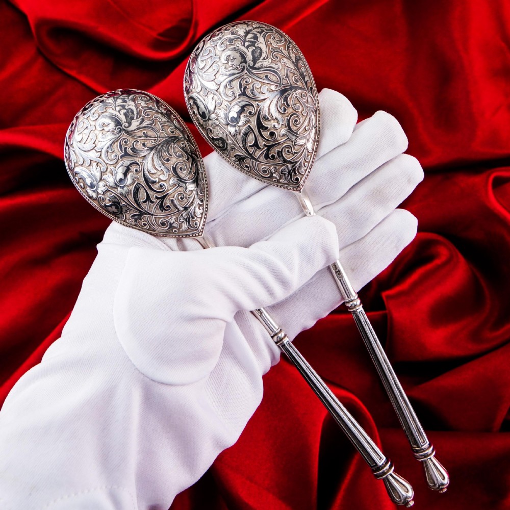 Magnificent Large Antique Pair of Imperial Russian Solid Silver Niello Spoons - Volkov Karp Nikit c.1910 View II