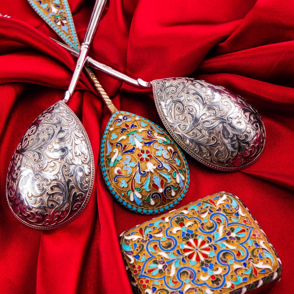 Magnificent Large Antique Pair of Imperial Russian Solid Silver Niello Spoons - Volkov Karp Nikit c.1910 View III