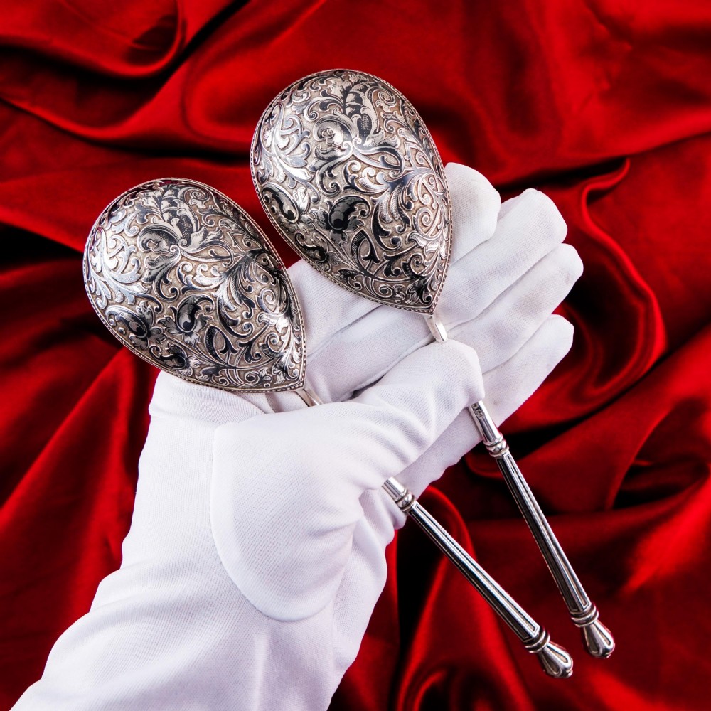 Magnificent Large Antique Pair of Imperial Russian Solid Silver Niello Spoons - Volkov Karp Nikit c.1910 View IV
