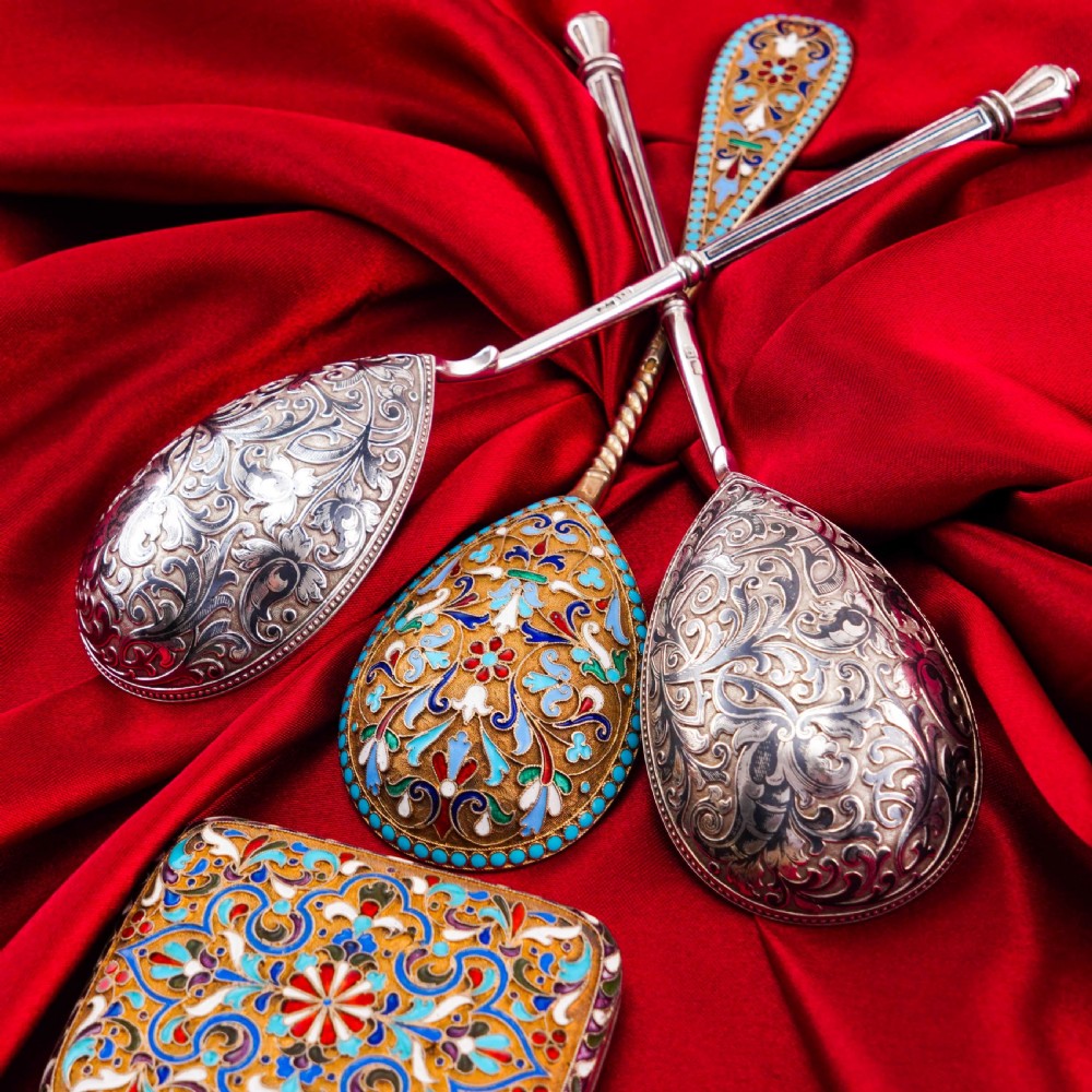 Magnificent Large Antique Pair of Imperial Russian Solid Silver Niello Spoons - Volkov Karp Nikit c.1910 View V