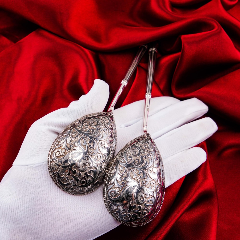 Magnificent Large Antique Pair of Imperial Russian Solid Silver Niello Spoons - Volkov Karp Nikit c.1910 View VIII