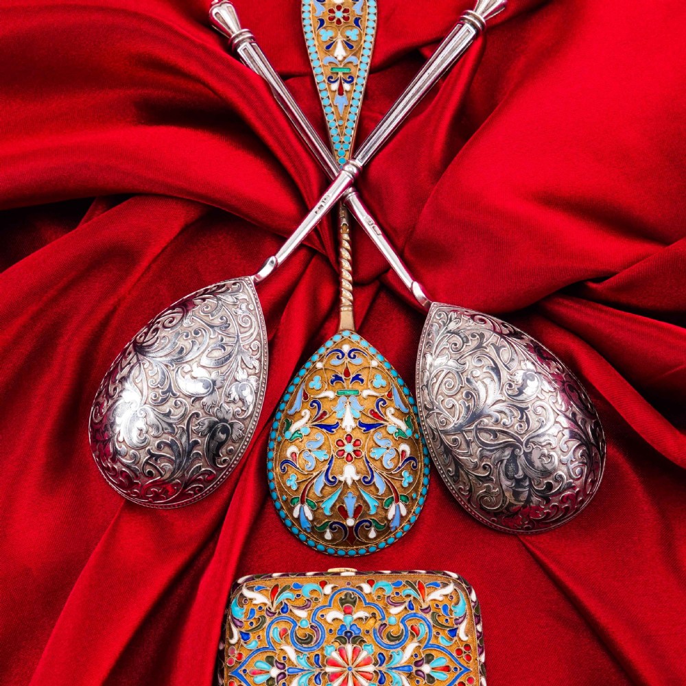 Magnificent Large Antique Pair of Imperial Russian Solid Silver Niello Spoons - Volkov Karp Nikit c.1910 View X