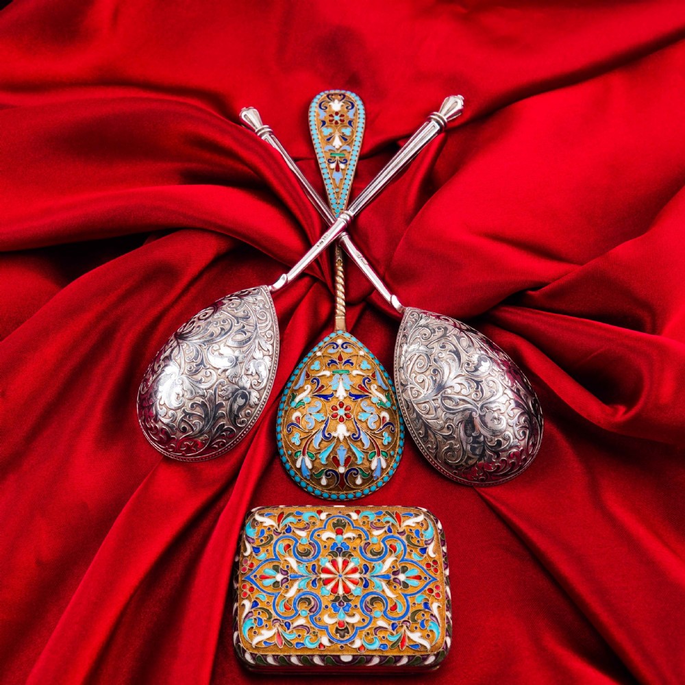 Magnificent Large Antique Pair of Imperial Russian Solid Silver Niello Spoons - Volkov Karp Nikit c.1910 View XI