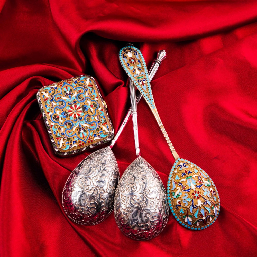 Magnificent Large Antique Pair of Imperial Russian Solid Silver Niello Spoons - Volkov Karp Nikit c.1910 View XII