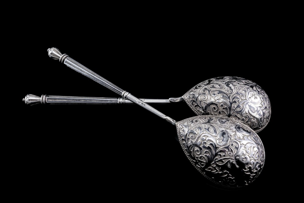 Magnificent Large Antique Pair of Imperial Russian Solid Silver Niello Spoons - Volkov Karp Nikit c.1910 View XXIV