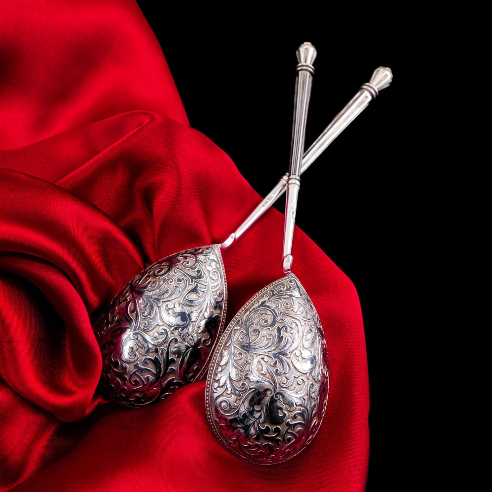 Magnificent Large Antique Pair of Imperial Russian Solid Silver Niello Spoons - Volkov Karp Nikit c.1910 View XXVIII