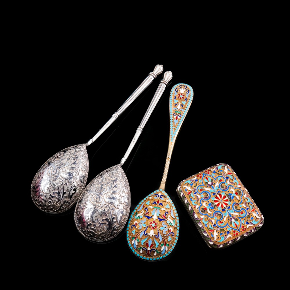 Magnificent Large Antique Pair of Imperial Russian Solid Silver Niello Spoons - Volkov Karp Nikit c.1910 View XXIX