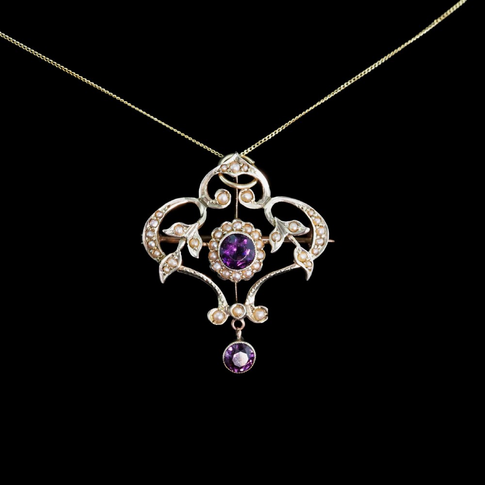 Antique Edwardian 9ct Gold Seed Pearl and Purple Amethyst-Coloured Paste Pendant Necklace - c.1910 View III