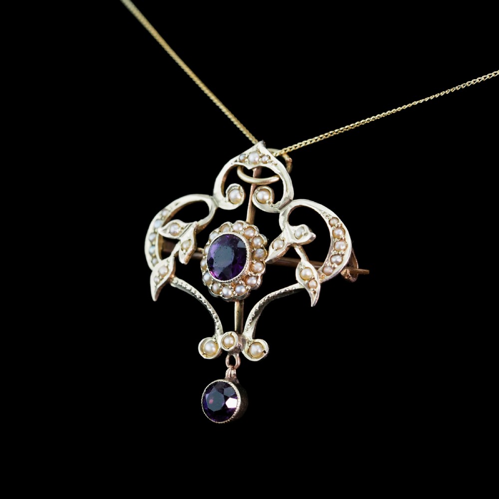 Antique Edwardian 9ct Gold Seed Pearl and Purple Amethyst-Coloured Paste Pendant Necklace - c.1910 View V