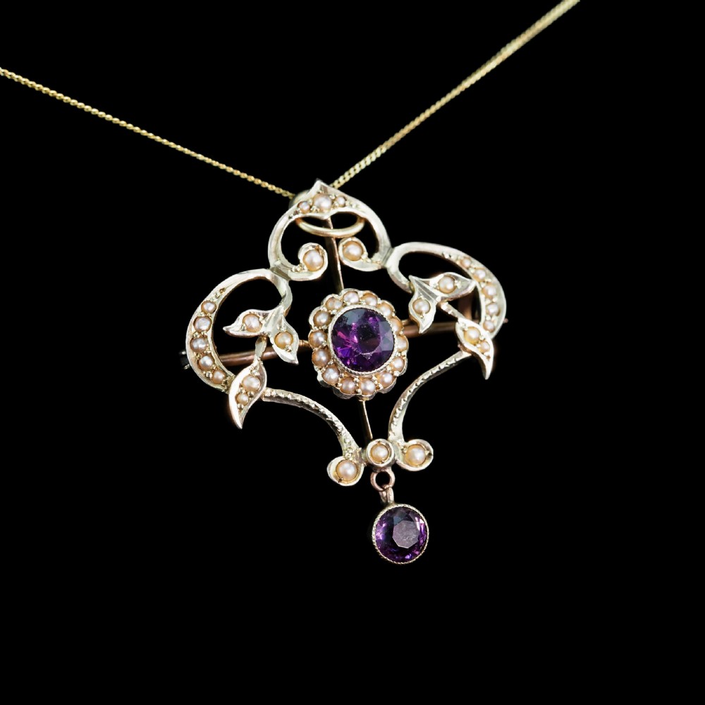 Antique Edwardian 9ct Gold Seed Pearl and Purple Amethyst-Coloured Paste Pendant Necklace - c.1910 View VI