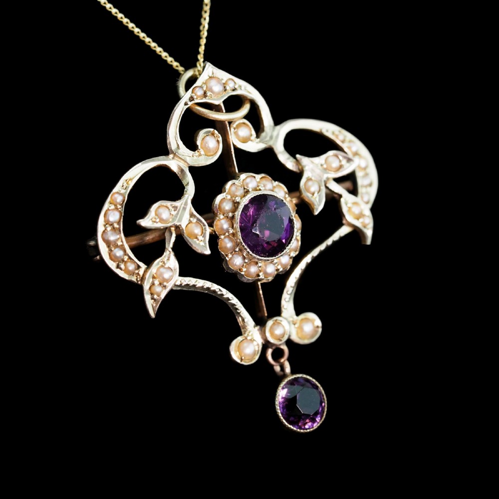 Antique Edwardian 9ct Gold Seed Pearl and Purple Amethyst-Coloured Paste Pendant Necklace - c.1910 View VII