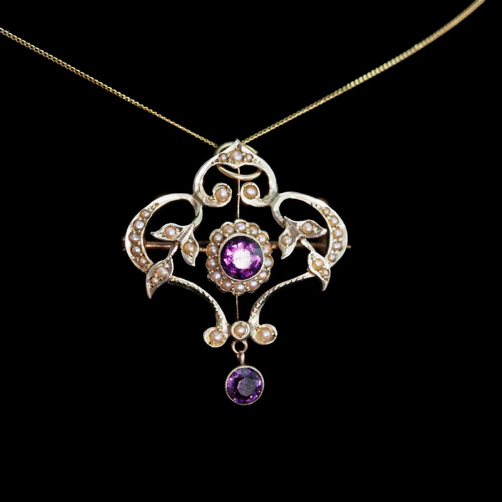 Antique Edwardian 9ct Gold Seed Pearl and Purple Amethyst-Coloured Paste Pendant Necklace - c.1910 View IX