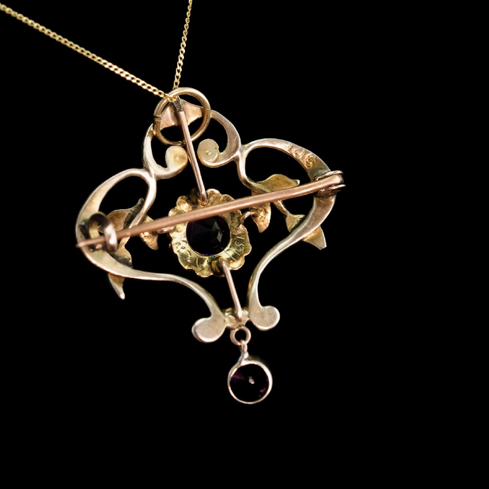 Antique Edwardian 9ct Gold Seed Pearl and Purple Amethyst-Coloured Paste Pendant Necklace - c.1910 View XI