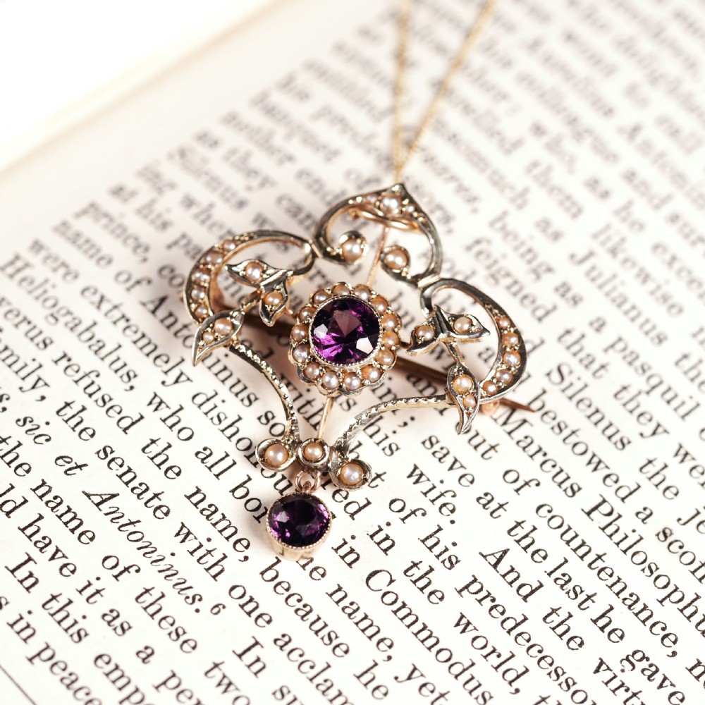 Antique Edwardian 9ct Gold Seed Pearl and Purple Amethyst-Coloured Paste Pendant Necklace - c.1910 View XIII