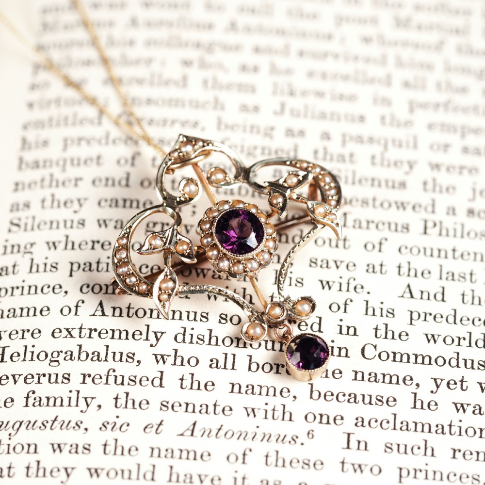 Antique Edwardian 9ct Gold Seed Pearl and Purple Amethyst-Coloured Paste Pendant Necklace - c.1910 View XIV