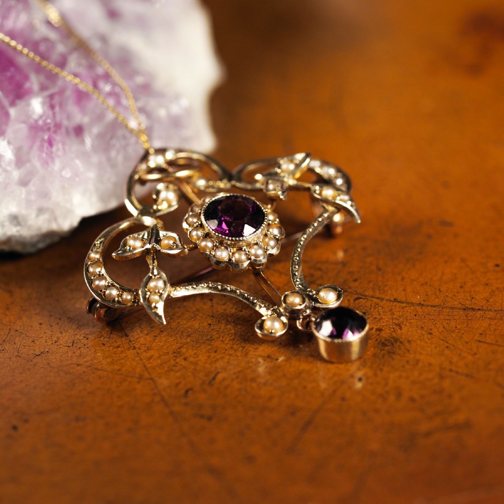 Antique Edwardian 9ct Gold Seed Pearl and Purple Amethyst-Coloured Paste Pendant Necklace - c.1910 View XV