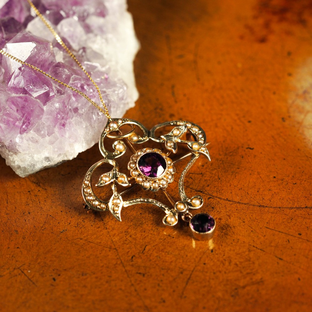 Antique Edwardian 9ct Gold Seed Pearl and Purple Amethyst-Coloured Paste Pendant Necklace - c.1910 View XVI
