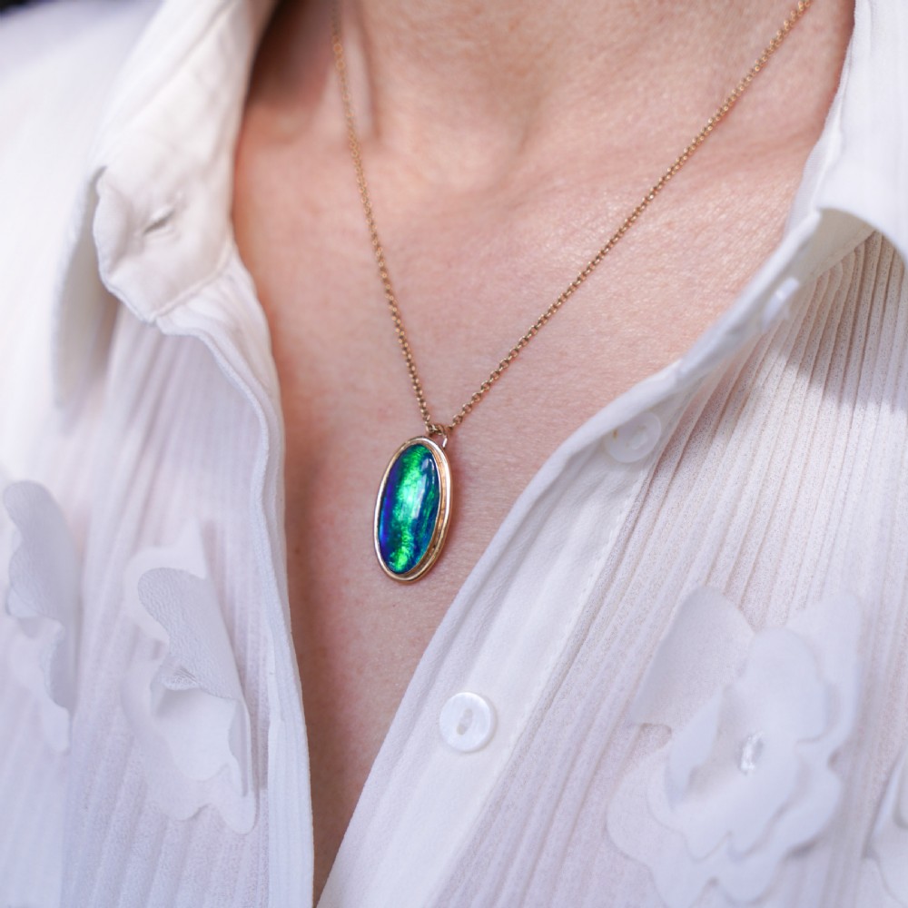 9ct Gold Blue/Green Ammolite Pendant & Chain Necklace View XIV