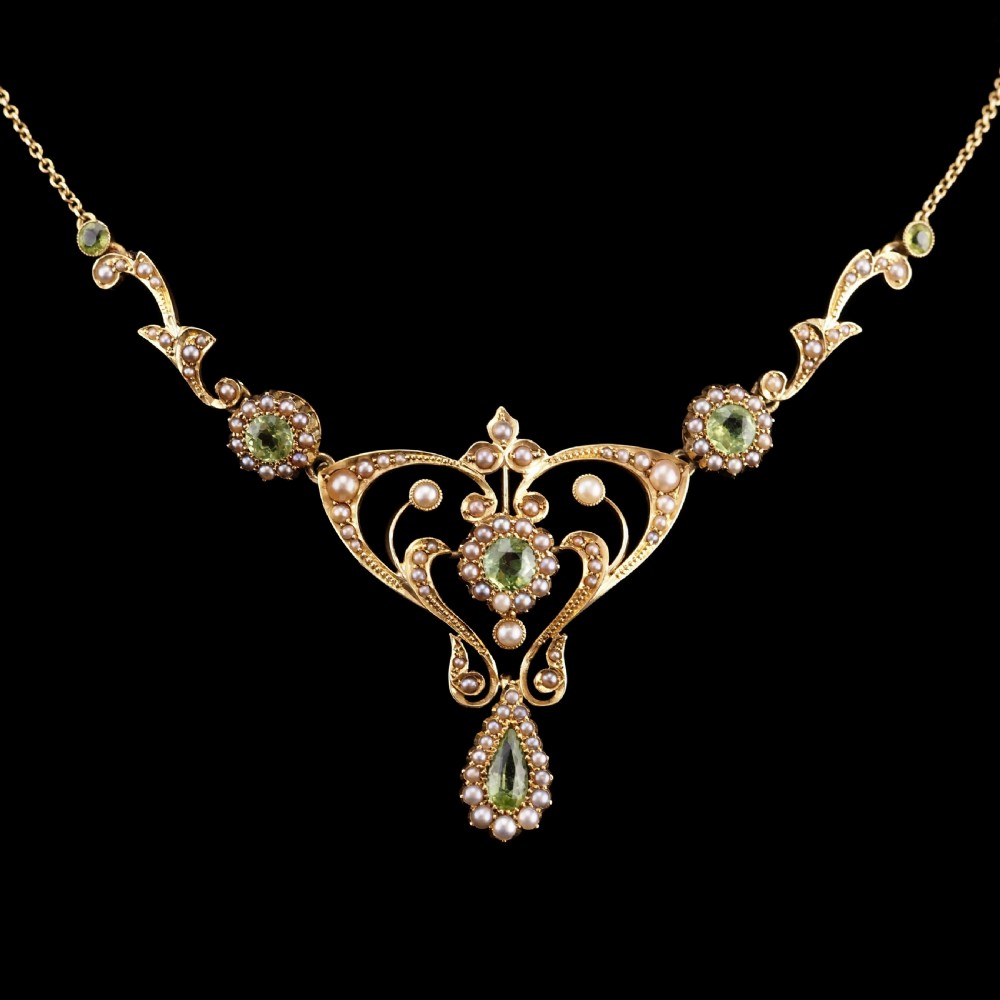 Antique 15ct Gold Peridot & Pearl Lavalier Necklace - Art Nouveau c.1900s View XXI