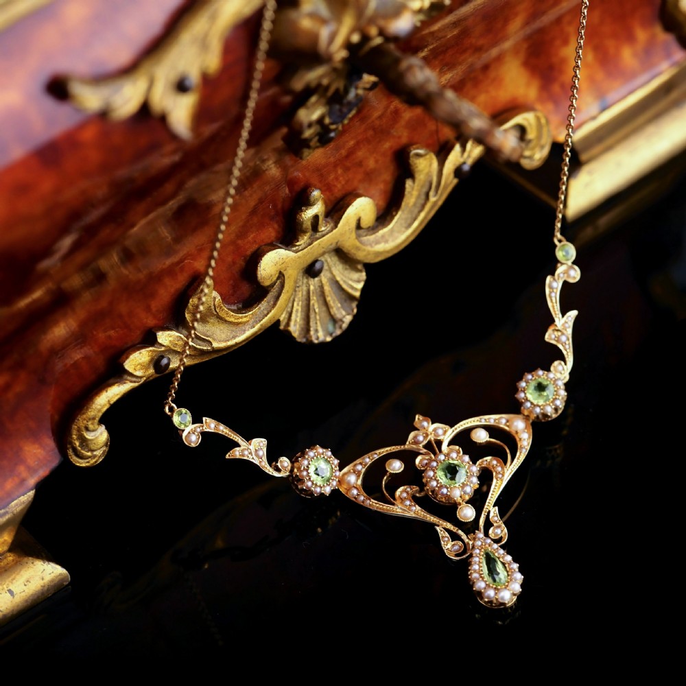 Antique 15ct Gold Peridot & Pearl Lavalier Necklace - Art Nouveau c.1900s View II