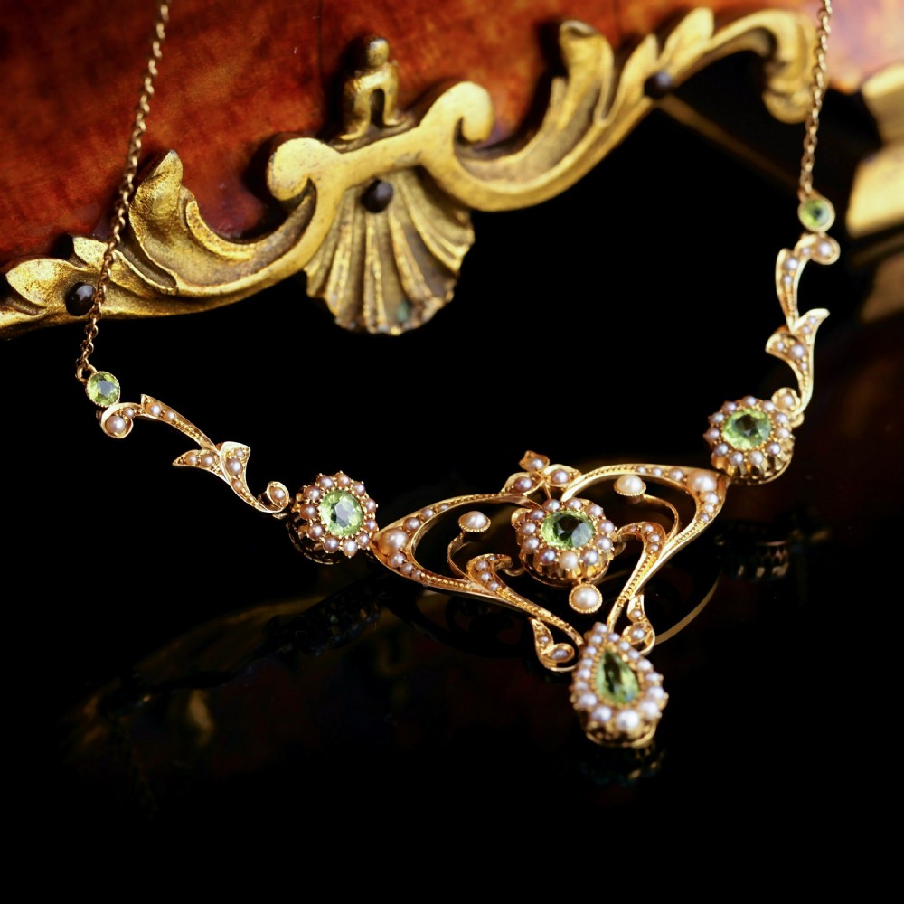 Antique 15ct Gold Peridot & Pearl Lavalier Necklace - Art Nouveau c.1900s View III