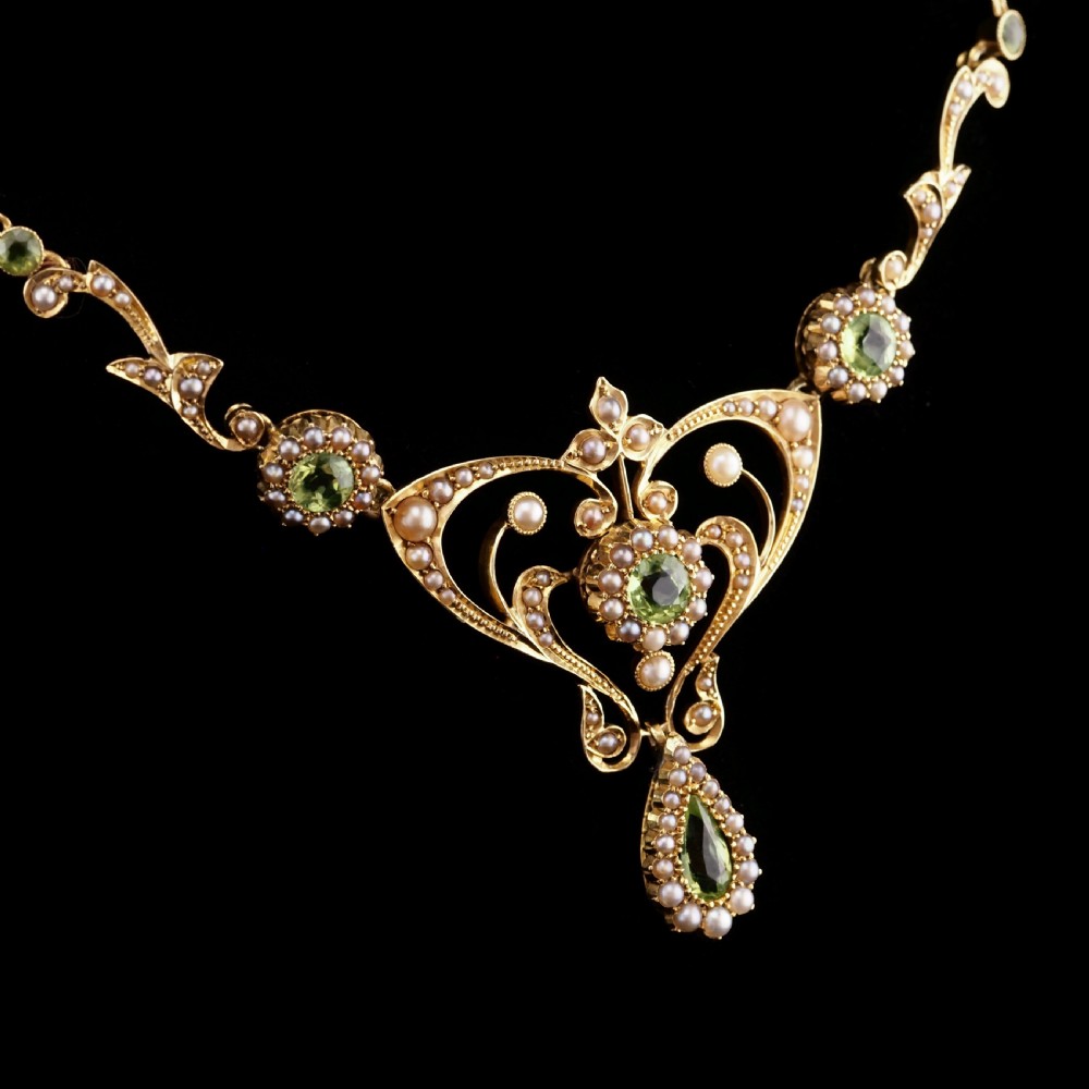 Antique 15ct Gold Peridot & Pearl Lavalier Necklace - Art Nouveau c.1900s View IV