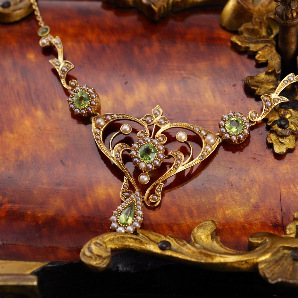 Antique 15ct Gold Peridot & Pearl Lavalier Necklace - Art Nouveau c.1900s View VII