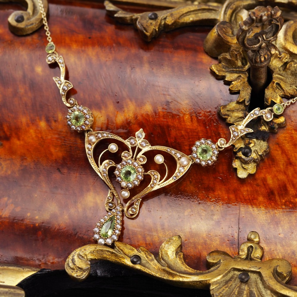 Antique 15ct Gold Peridot & Pearl Lavalier Necklace - Art Nouveau c.1900s View VIII