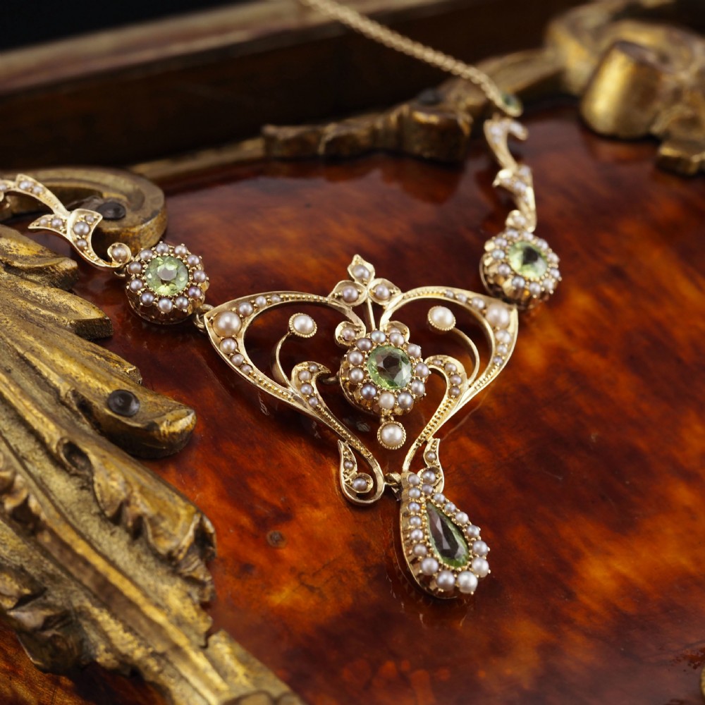 Antique 15ct Gold Peridot & Pearl Lavalier Necklace - Art Nouveau c.1900s View X
