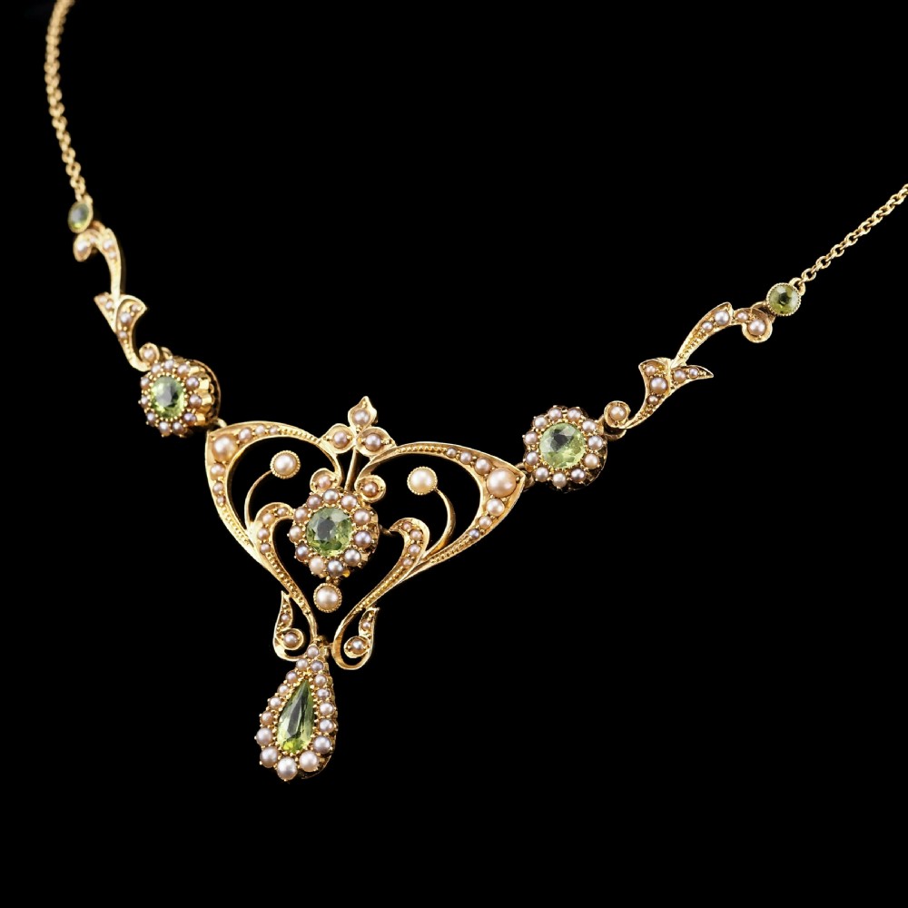 Antique 15ct Gold Peridot & Pearl Lavalier Necklace - Art Nouveau c.1900s View XII
