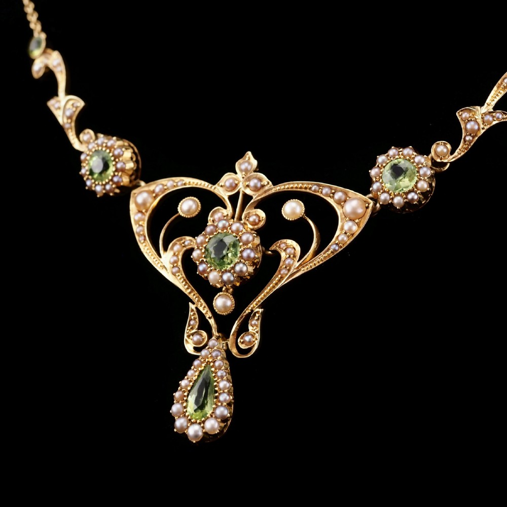 Antique 15ct Gold Peridot & Pearl Lavalier Necklace - Art Nouveau c.1900s View XIII