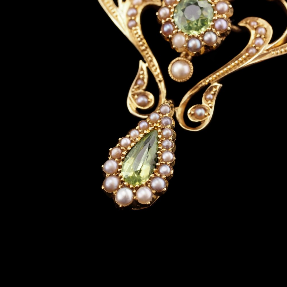 Antique 15ct Gold Peridot & Pearl Lavalier Necklace - Art Nouveau c.1900s View XIV
