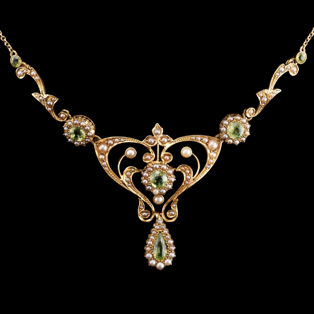 Antique 15ct Gold Peridot & Pearl Lavalier Necklace - Art Nouveau c.1900s View XV