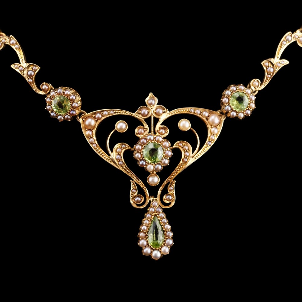 Antique 15ct Gold Peridot & Pearl Lavalier Necklace - Art Nouveau c.1900s View XVI