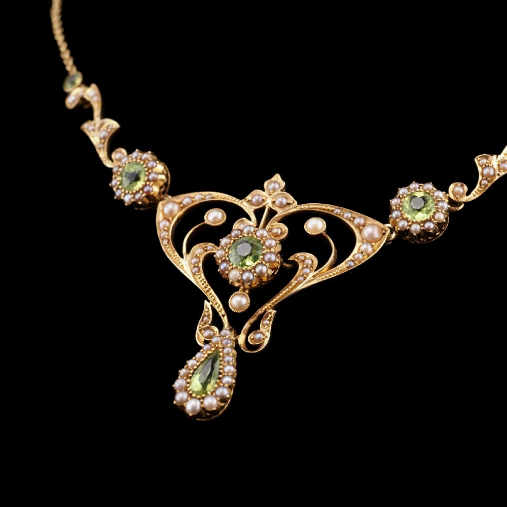Antique 15ct Gold Peridot & Pearl Lavalier Necklace - Art Nouveau c.1900s View XVII