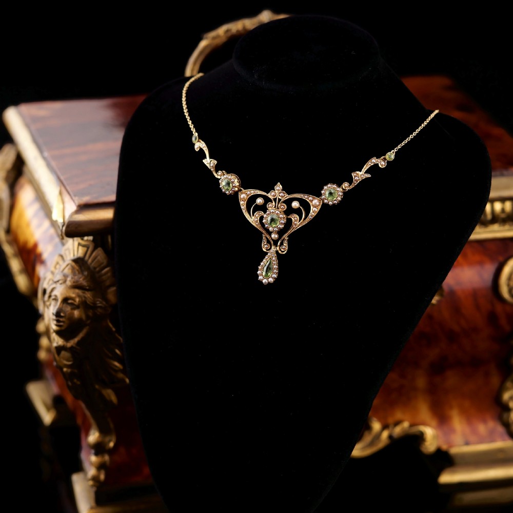 Antique 15ct Gold Peridot & Pearl Lavalier Necklace - Art Nouveau c.1900s View XVIII