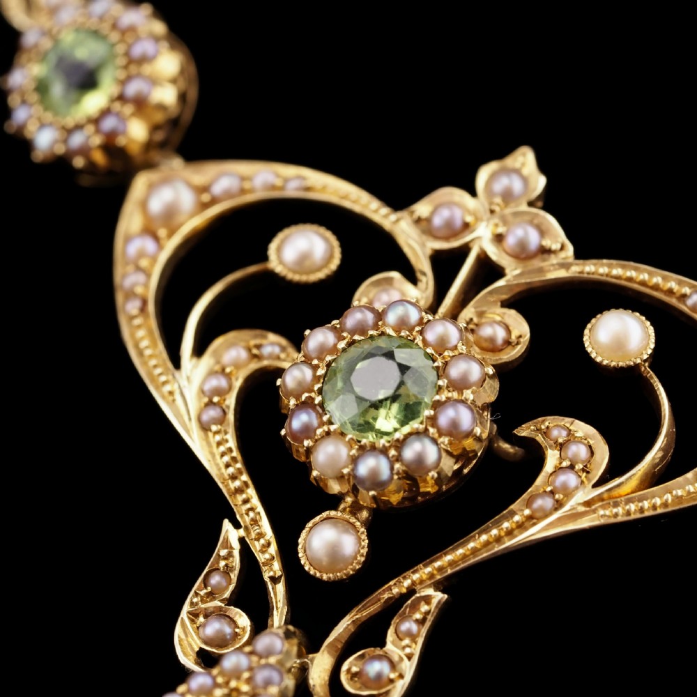 Antique 15ct Gold Peridot & Pearl Lavalier Necklace - Art Nouveau c.1900s View XIX