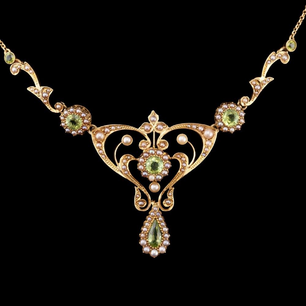 Antique 15ct Gold Peridot & Pearl Lavalier Necklace - Art Nouveau c.1900s View XX